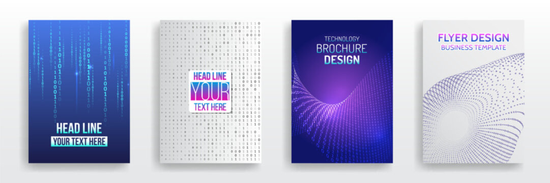 Collection of abstract technology flyer and brochure templates with binary code patterns, digital waveforms, and modern gradient backgrounds. Perfect for tech events, reports, or software design.