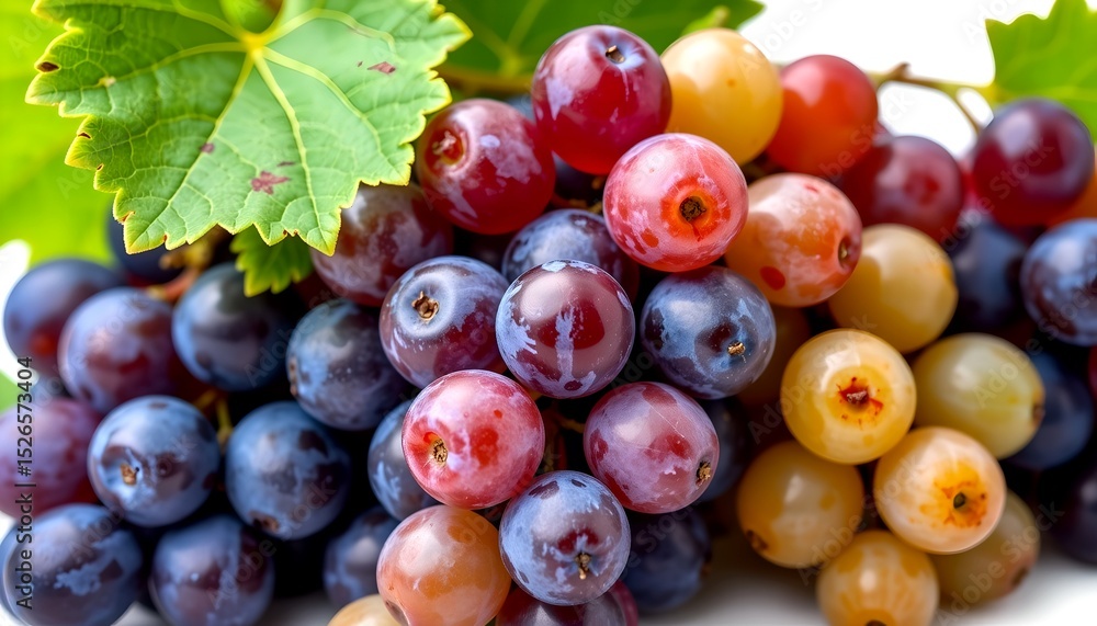 Poster a vibrant cluster of mixed-color grapes, displaying a spectrum of colors and textures, complete with