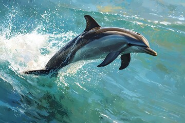 Fototapeta premium Dolphin Leaping from Ocean Waves in Bright Blue Water Scene