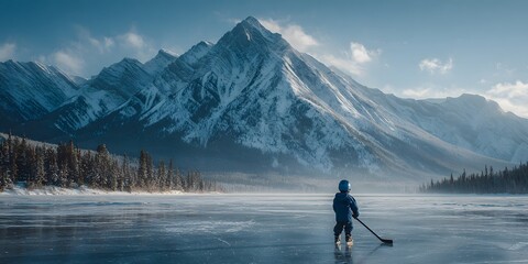 Young boy viewed from behind plays pond hockey on a vast frozen lake. He wears a deep blue jacket and helmet before a majestic, snow-capped mountain range.