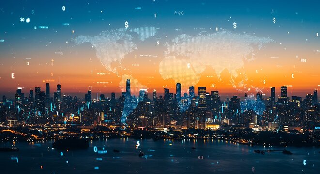 Global Network Cityscape at Sunset with Digital Overlay of World Map and Data Stream - Powered by Adobe