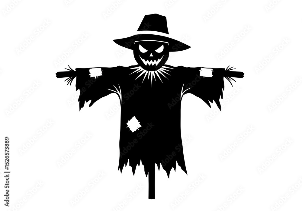 Poster silhouette of a spooky scarecrow with a hat and patches on a white background design element