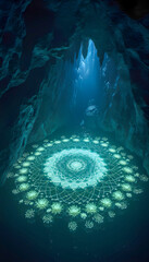 Glowing mandala design illuminates mysterious underwater cave with blue light