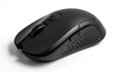 A sleek and modern black computer mouse, perfectly positioned for effortless navigation. The ergonomic design, highlighted by the scroll wheel, and side buttons, offers comfort and precision