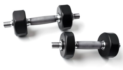 Fototapeta premium Two black dumbbells arranged against a clean background, symbolizing strength and fitness