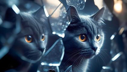 Gray cat with orange eyes reflected in broken glass indoors at night