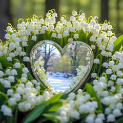 Heart-shaped mirror surrounded by lily of the valley flowers in garden