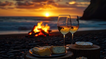 2 glasses of wine, cheese plate, picnic set up on a beach, bonfire, sunset