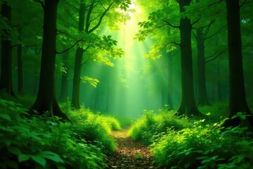 Fototapeta premium Lush green forest scene with sunlight filtering through the canopy , soil, ecology, conservation