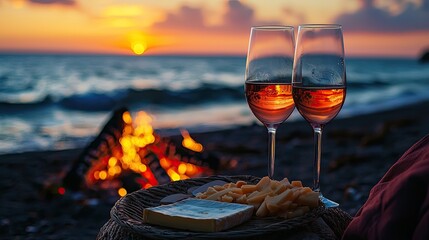 2 glasses of wine, cheese plate, picnic set up on a beach, bonfire, sunset