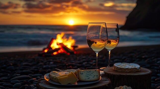 2 glasses of wine, cheese plate, picnic set up on a beach, bonfire, sunset - Powered by Adobe