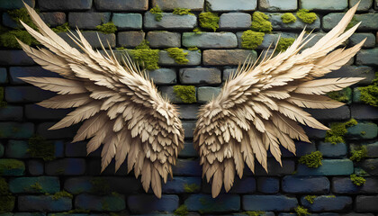 Intricate feathered wings on moss-covered brick wall in artistic display
