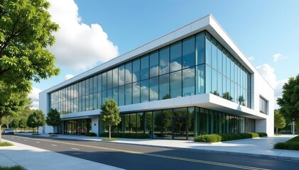 Obraz premium Modern glass and steel commercial building exterior, daytime shot , design, city, corporate