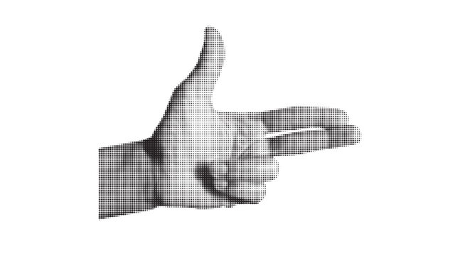 Halftone textured hand gesture making finger gun isolated on white background. Black and white dot collage element.