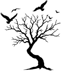 Obraz premium Silhouette of a Tree and Birds in Flight