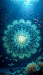Intricate mandala glowing peacefully amidst vibrant coral reef underwater scene