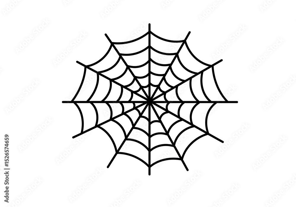 Poster a simple black outline of a spiderweb on a white background in a symmetrical radial design