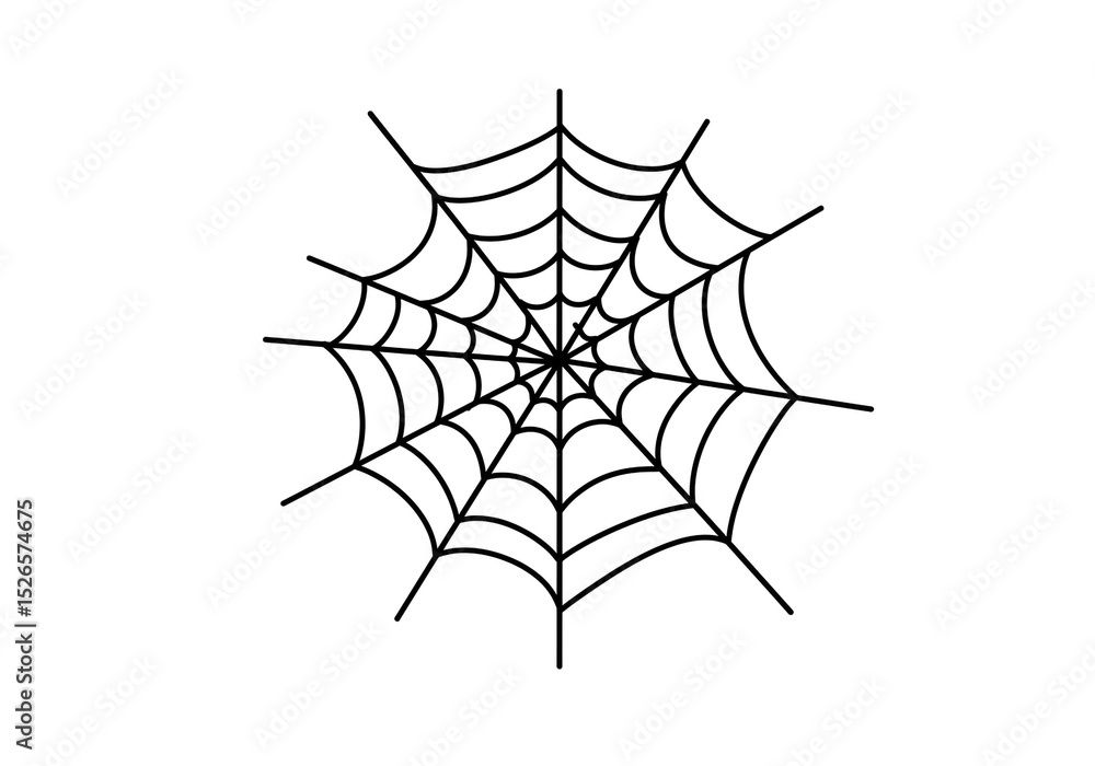Poster a simple black line drawing of a spiderweb with radiating lines on a plain white background design e