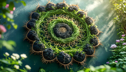 Intricate natural mandala design with greenery and organic elements outdoors