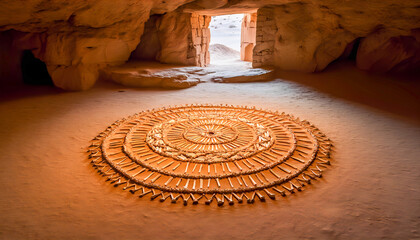Intricate sand design inside ancient desert cave with sunlit entrance