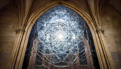 Intricate stained glass window with reflective patterns in gothic cathedral