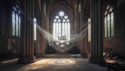 Large abandoned cathedral interior with dramatic sunlight and worn columns