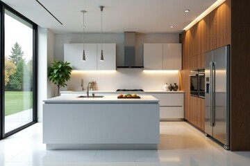 Sleek minimalist kitchen, stainless steel appliances, counter, appliances