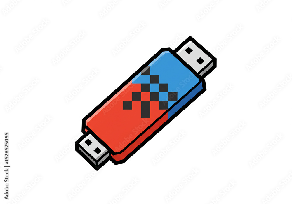 Poster isolated usb drive with red and blue design and black pixelated arrow on a white background