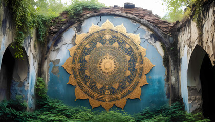 Large ornate golden mandala on aged brick wall surrounded by lush greenery