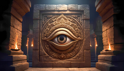 Large stone carving of eye in ancient temple with fire torches at night