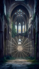 Majestic spider web in abandoned cathedral with gothic architecture elements