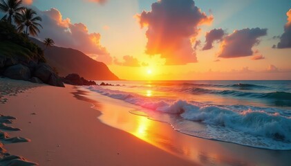 Stunning sunset over a tranquil beach, golden sand, calm ocean waves , golden hour, shoreline