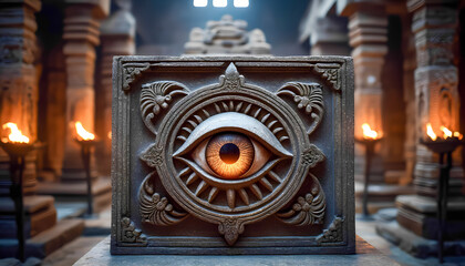 Mysterious stone sculpture with illuminated eye in ancient temple interior