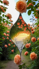 Orange roses reflecting in a teardrop-shaped mirror during sunset in garden