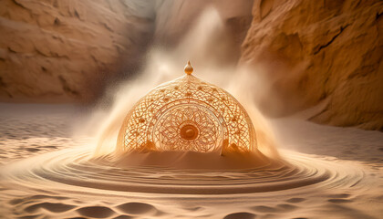 Ornate golden dome enveloped by desert sands in sunlit canyon