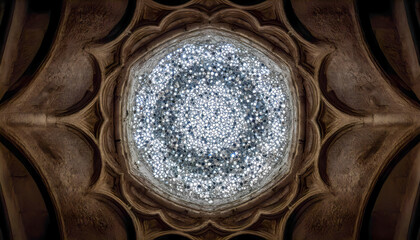 Ornate geometric ceiling with intricate lattice design and glowing lights