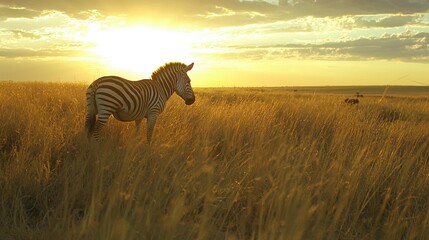 Naklejka premium A detailed shot of a zebraâ€™s stripes as it walks through tall grass on an African plain. /