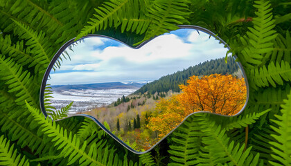 Scenic heart-shaped view through lush green ferns towards autumn landscape