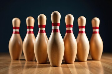 Ten wooden bowling pins standing in formation , game, sport