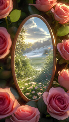Serene landscape reflected in mirror surrounded by blooming roses at sunset