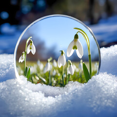 Snowdrops reflected in mirror surrounded by snow on a sunny day