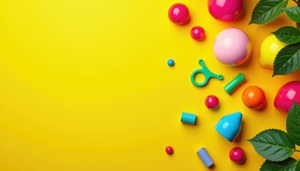 Vibrant colored objects on a sunny yellow background , spring, positive
