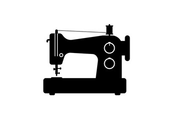 A black silhouette of a sewing machine with thread and adjustment dials on a white background