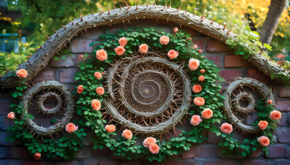 Spiral wreath of orange roses and green leaves on brick wall outdoors