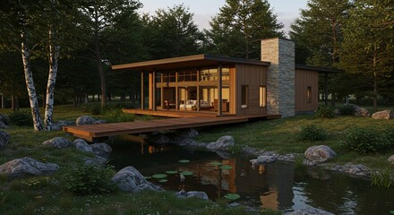 Obraz premium Lakeside cabin retreat in serene woods