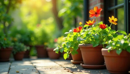 Vibrant potted plants thriving on a sunny patio , outdoor decor, leaves, sun