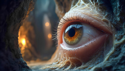 Surreal close-up of eye emerging in a mystical cave setting at night