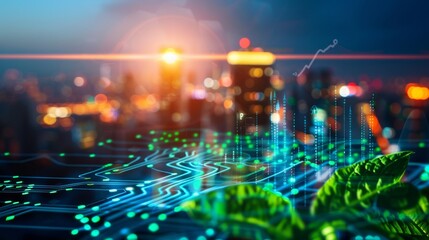 A digital overlay of green circuitry and a leaf against a blurred city skyline at sunset, symbolizing the fusion of nature and technology.