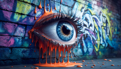 Surreal graffiti wall with eye and dripping paint street art concept
