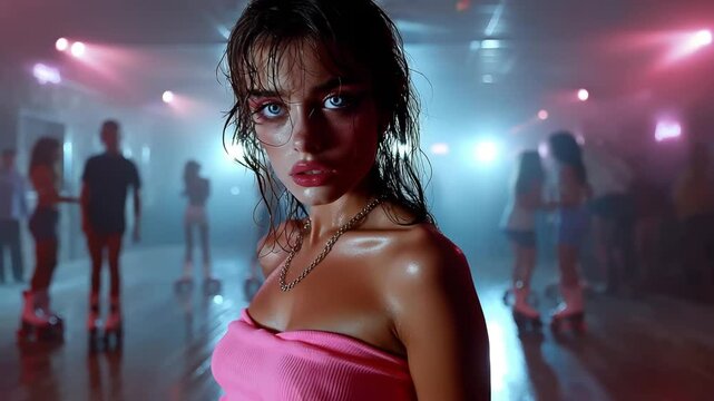 Glamorous woman at roller disco rink under neon lights surrounded by dancers